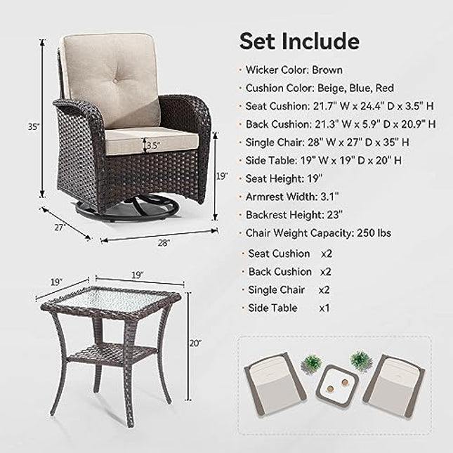 Outdoor Swivel Rocking Chairs Set of 2 with Wicker Side Table